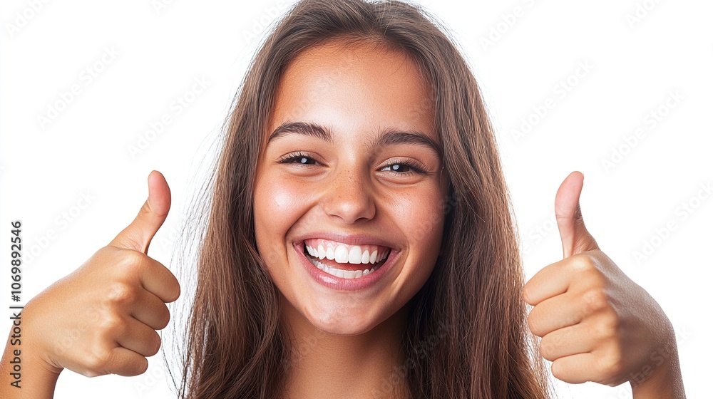 Joyful Young Woman Giving Thumbs Up Gesture Joyful Young Woman Giving Thumbs Up Gesture