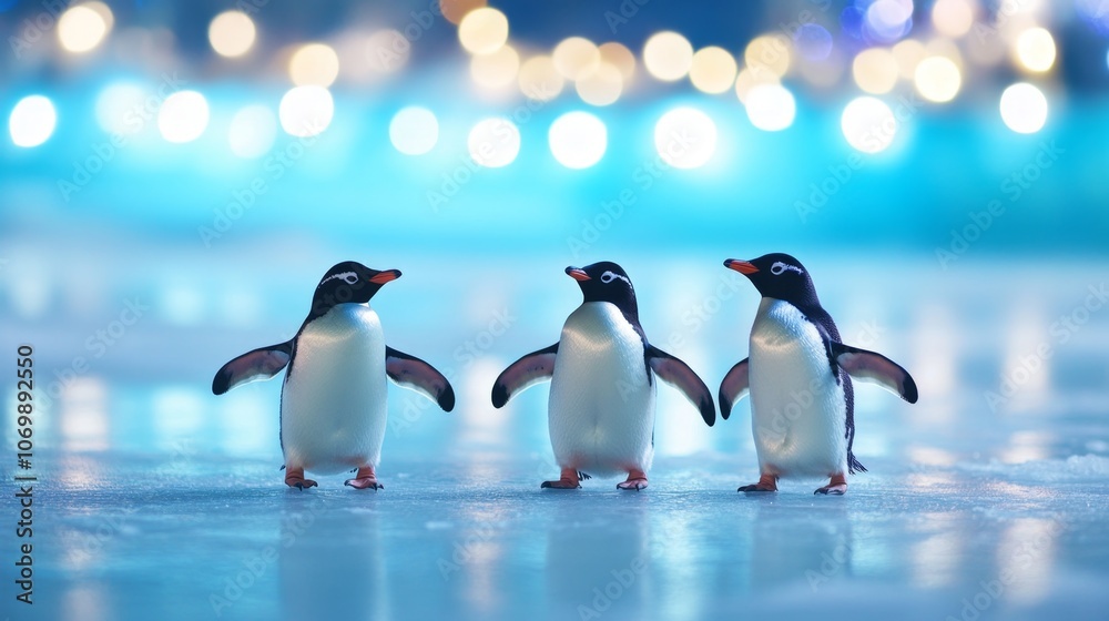 Fototapeta premium Glowing Winter Wonderland: Penguins Skating on Frozen Lake under Christmas Lights Reflection, Exuding Teamwork in Festive Night