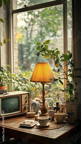 Cozy indoor scene with a vintage lamp, TV, and lush plants by a sunlit window.