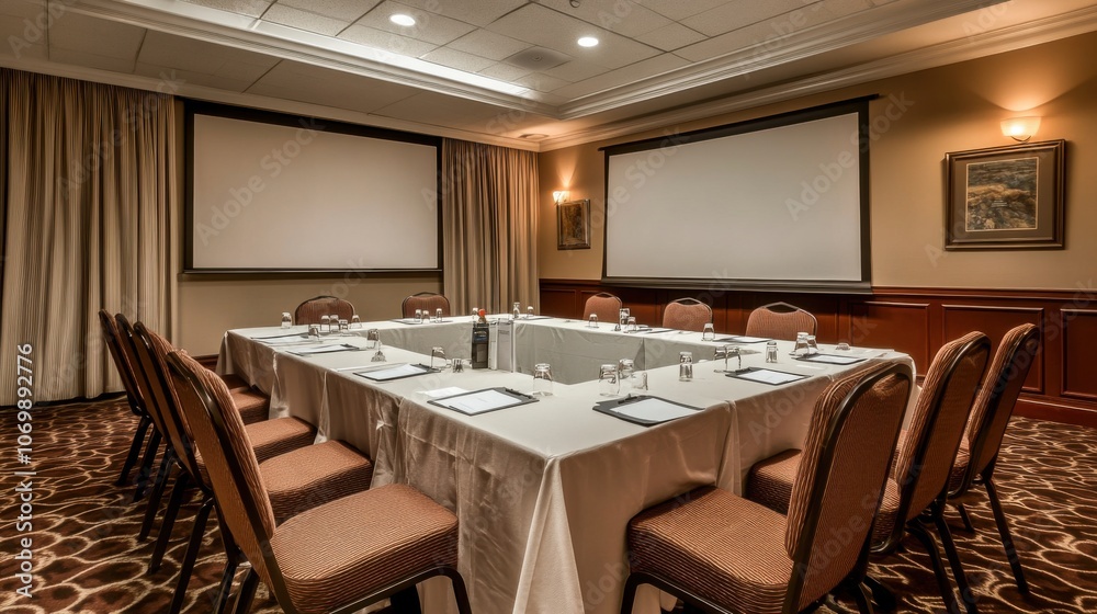 The meeting room is designed to be suitable and convenient for working in the office. There are tables and chairs in a wide area without people. The meeting room is designed to be suitable and convenient for working in the office. There are tables and chairs in a wide area without people.