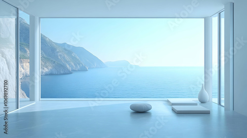 Minimalist living room with panoramic ocean view and white decor.