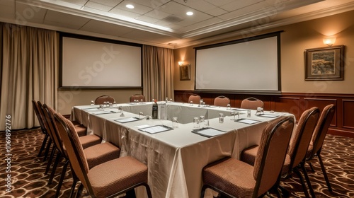 The meeting room is designed to be suitable and convenient for working in the office. There are tables and chairs in a wide area without people.