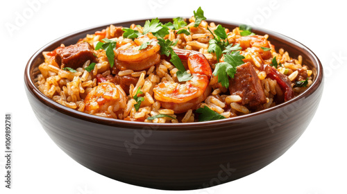 Jambalaya rice food on bowl- isolated white background