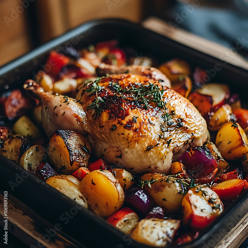 golden brown roasted chicken surrounded by colorful vegetables in pan, garnished with fresh herbs, creating delicious and inviting meal photo