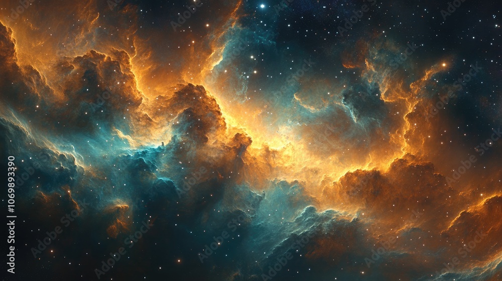Obraz premium Galactic Explosion: Swirling Nebula Clouds in Fiery Orange and Cool Teal Collide, Illuminated by the Light of Distant Stars, Showcasing the Power and Beauty of Cosmic Events in the Universe