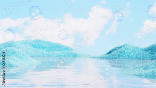 Animation of Bubbles Rising from Water Surface and Grass,3D rendering