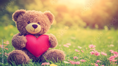 Teddy bear holding a red heart in a field.