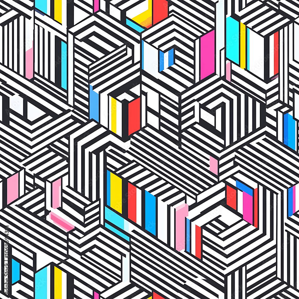 vibrant seamless pattern featuring interlocking 3D cubes with bold colors and black lines, creating dynamic visual effect. Perfect for modern design projects vibrant seamless pattern featuring interlocking 3D cubes with bold colors and black lines, creating dynamic visual effect. Perfect for modern design projects