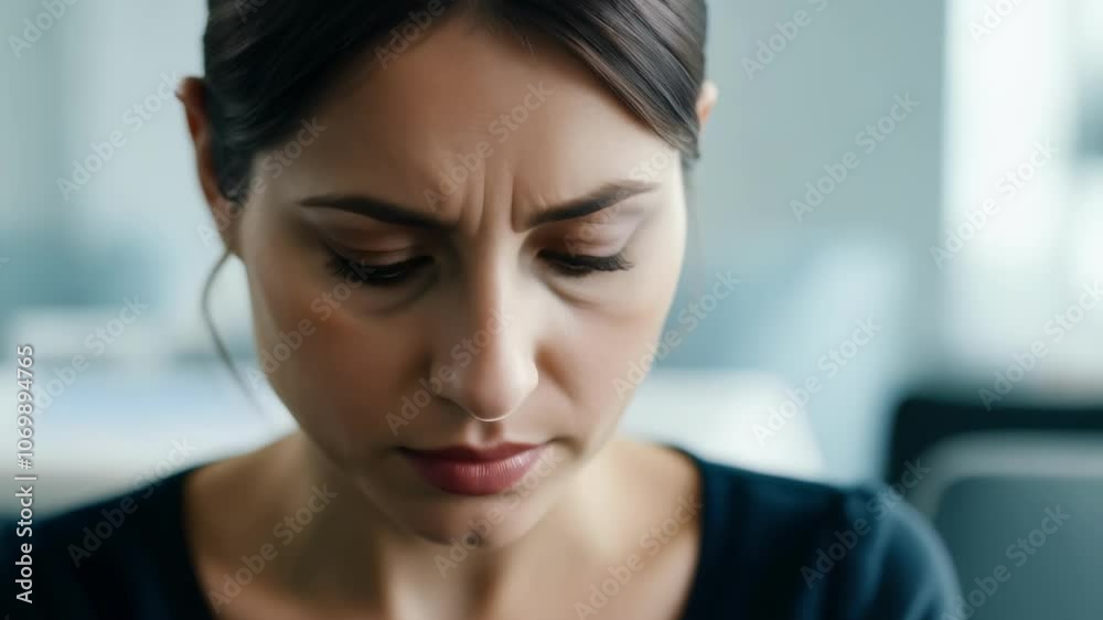 Contemplative woman in modern workspace processing thoughts Contemplative woman in modern workspace processing thoughts