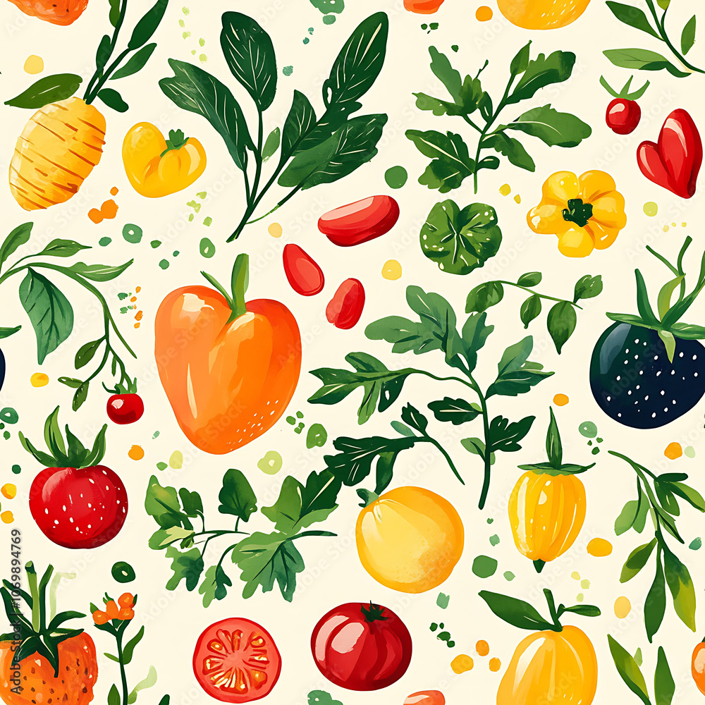 Colorful pattern featuring various fruits and vegetables like peppers, tomatoes, and strawberries, creating vibrant and fresh design