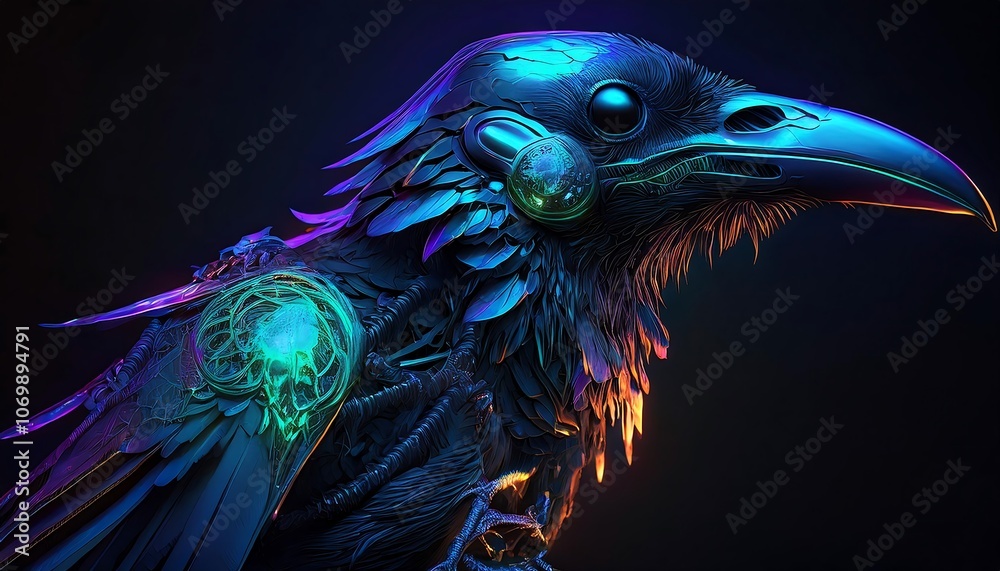 Fototapeta premium A cyberpunk raven with glowing neon accents.