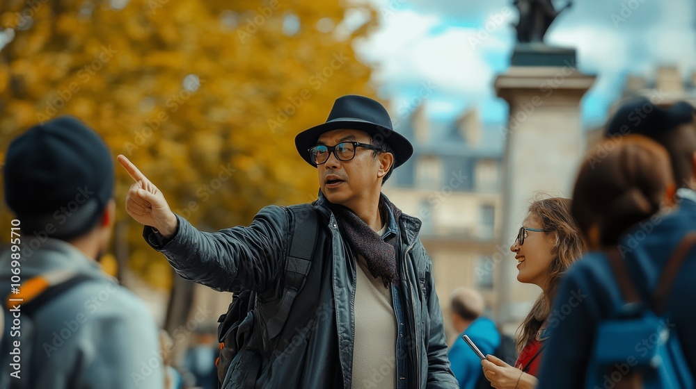 Fototapeta premium tour guide explain travel plan to tourist