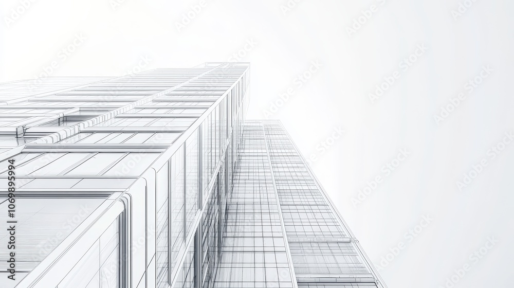 White blueprint of modern office tower building viewed from below with white sky background, concept template with empty space for text, 3D render White blueprint of modern office tower building viewed from below with white sky background, concept template with empty space for text, 3D render