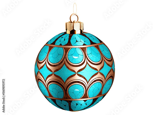 Christmas Ball a teal and bronze mosaic design, intricate and glossy, isolated on a transparent background, in a playful spin.