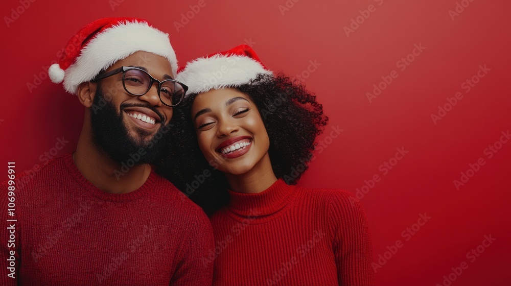 A joyful couple wearing Santa hats enjoy each other's company, radiating happiness and holiday spirit against a bright red background A joyful couple wearing Santa hats enjoy each other's company, radiating happiness and holiday spirit against a bright red background