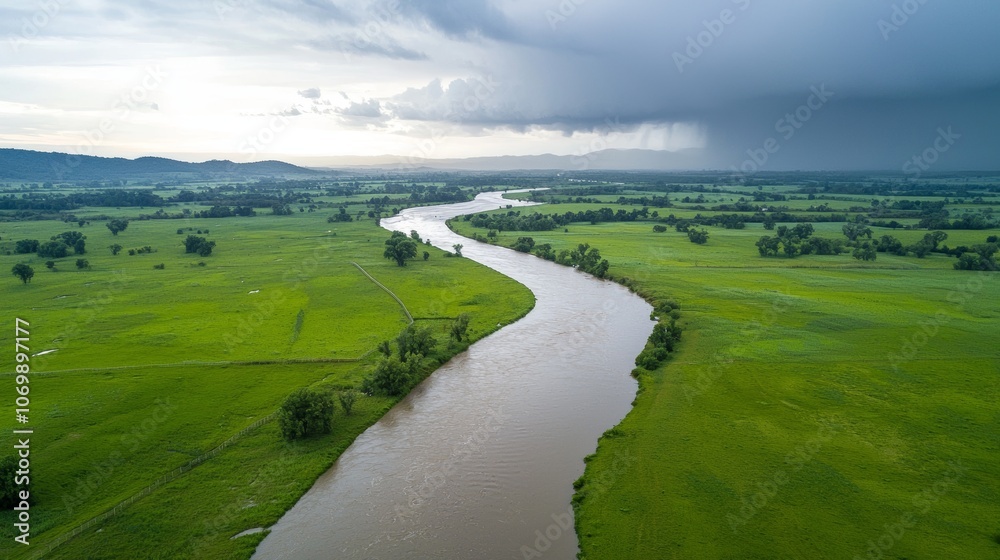 Disaster Mitigation: Aerial View of Flood-Prone Area with New Levees and Drainage Systems Amid Green Fields and Protective Barriers Disaster Mitigation: Aerial View of Flood-Prone Area with New Levees and Drainage Systems Amid Green Fields and Protective Barriers