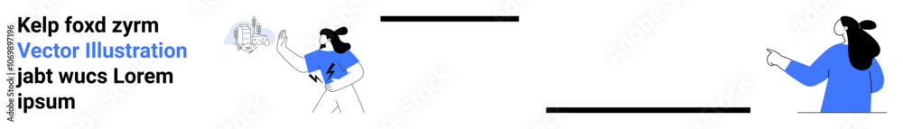 Two characters with dark hair and blue attire, one holding a document, the other pointing. Black text beside characters. Horizontal lines between them. Ideal for presentations, blogs, websites Two characters with dark hair and blue attire, one holding a document, the other pointing. Black text beside characters. Horizontal lines between them. Ideal for presentations, blogs, websites