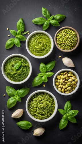 Fresh basil pesto ingredients on a dark background