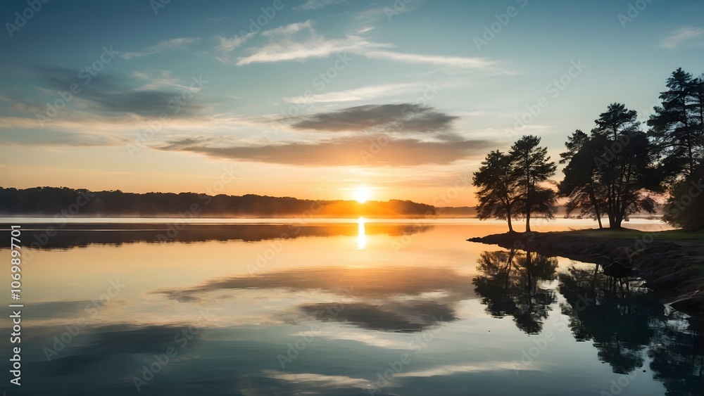 Sunrise Over Tranquil Lake With Reflection and Silhouettes of Trees Near the Shoreline on a Calm Morning Sunrise Over Tranquil Lake With Reflection and Silhouettes of Trees Near the Shoreline on a Calm Morning
