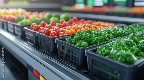 Vibrant display of fresh vegetables and fruits in baskets, featuring greens, red tomatoes, and colorful produce in a grocery store setting. photo