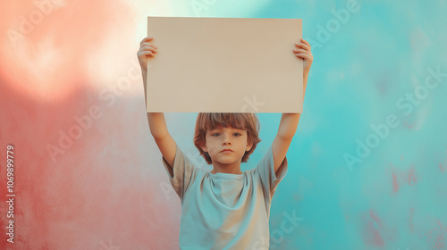 Little boy holding blank sign against pastel colorful background