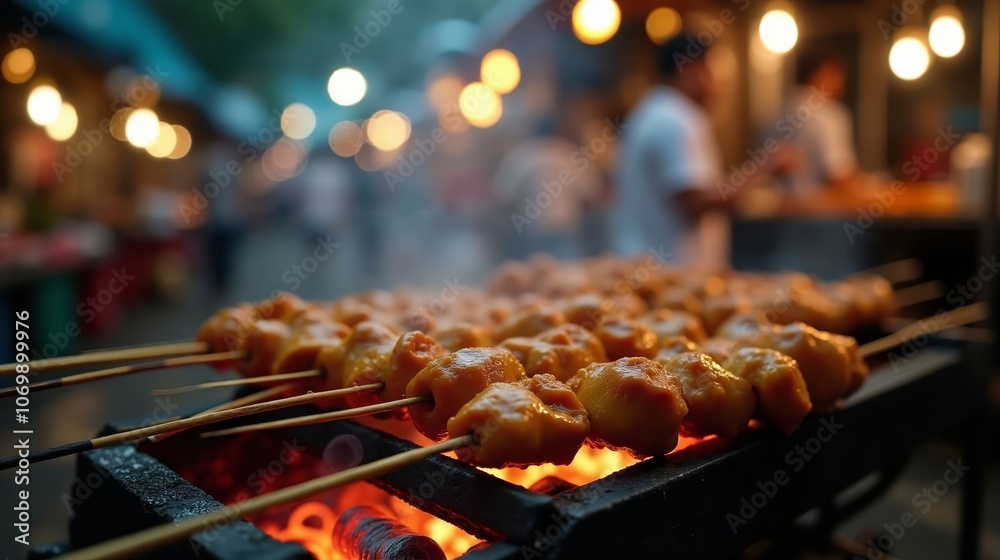 Indonesian Street Food Scene with Smoky Chicken Satay Skewers and Rich Peanut Sauce in Bustling Night Market