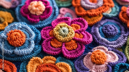 Intricate Crochet Flower Design: Vibrant Handcrafted Floral Motifs in Orange, Pink, and Blue with Lacy Connections, Displaying Detailed Crochet Techniques in a Colorful Textile Art