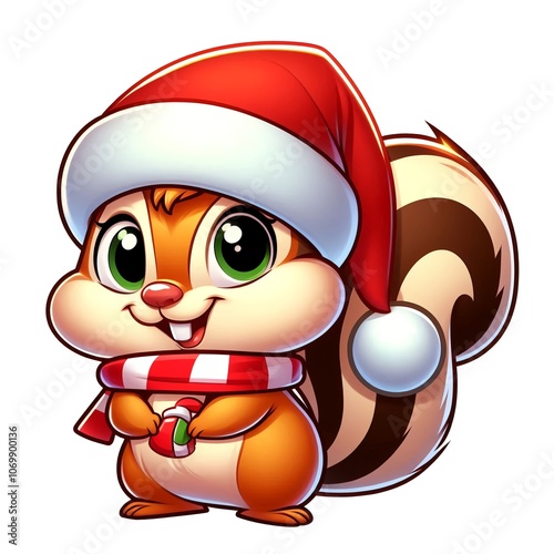 Cute Christmas Cartoon Chipmunk. Clipart is a great choice for creating cards, invitations, party supplies and decorations. AI generated.