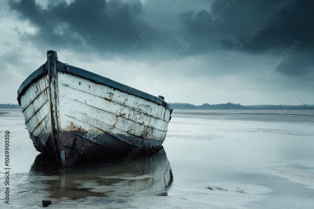 A solitary weathered boat rests on a calm, reflective shoreline under a dramatic cloudy sky, evoking a mood of serene solitude and timelessness. A solitary weathered boat rests on a calm, reflective shoreline under a dramatic cloudy sky, evoking a mood of serene solitude and timelessness.