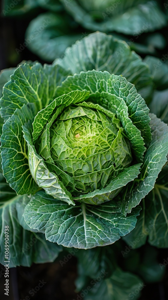 Obraz premium Close-up of a Vibrant Green Cabbage Head in a Garden