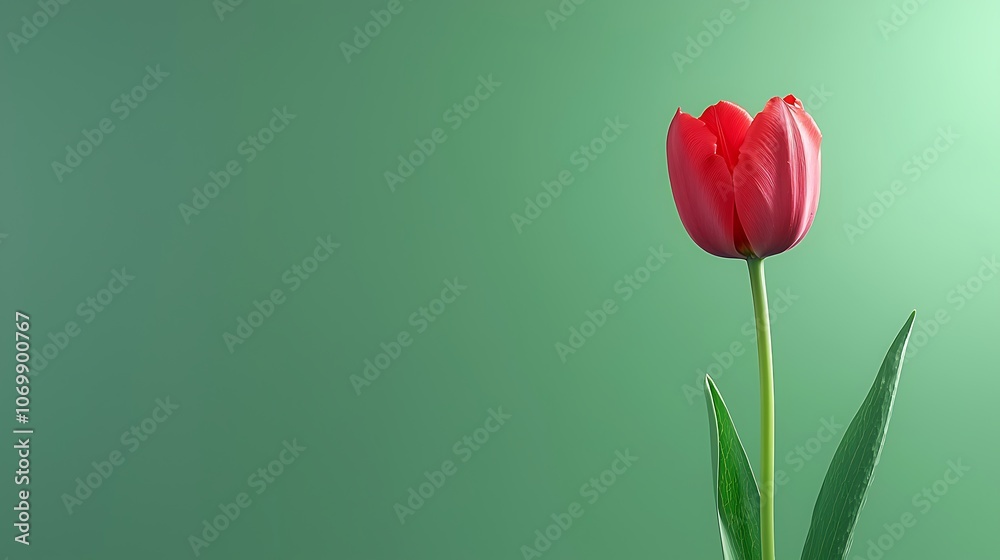 A red flower is standing in front of a green background