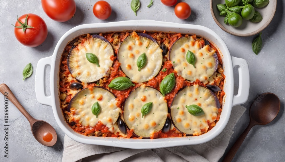 Eggplant casserole with cheese and tomato sauce in a white baking dish on a gray concrete background with ingredients for cooking. Vegetarian healthy food Eggplant casserole with cheese and tomato sauce in a white baking dish on a gray concrete background with ingredients for cooking. Vegetarian healthy food