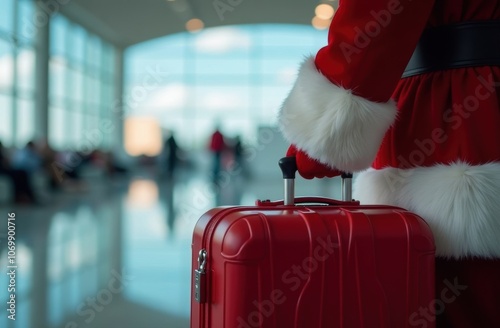 A close-up shot of Santa's hand holding a red suitcase at the airport terminal, photo