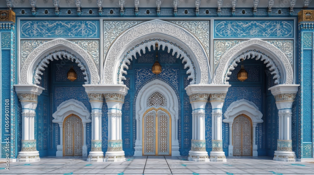 Obraz premium Luxurious Islamic Arch Background Combining Elegant White and Blue Tones for Stunning Visuals