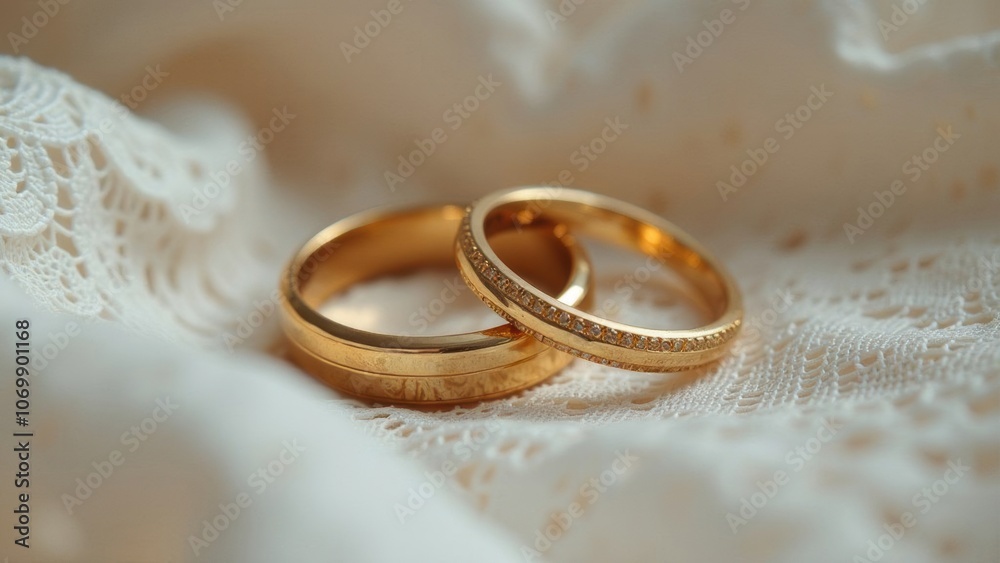 Golden wedding rings placed on delicate lace fabric, symbolizing love and commitment. Golden wedding rings placed on delicate lace fabric, symbolizing love and commitment.