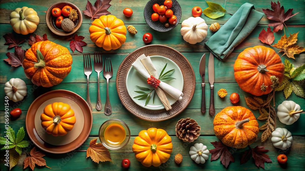 Aerial Flat Lay of a Stunning Thanksgiving Table with Plates, Cutlery, Napkin and Autumn Pumpkins on Light Green Background, Perfect for Holiday Decor Inspiration Aerial Flat Lay of a Stunning Thanksgiving Table with Plates, Cutlery, Napkin and Autumn Pumpkins on Light Green Background, Perfect for Holiday Decor Inspiration