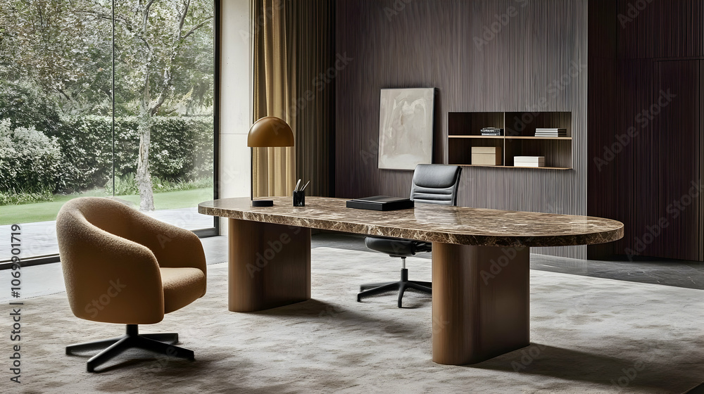 Modern home office with a marble desk, an armchair, and a view of a garden.