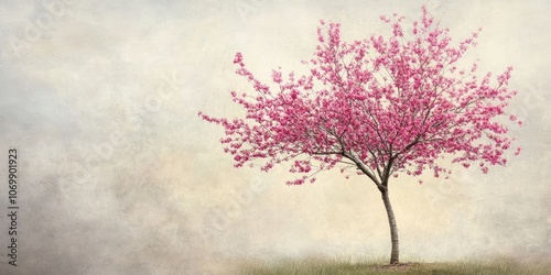 A youthful redbud tree stands out vividly against a soft, light backdrop. This young redbuds appearance is highlighted by the gentle hue behind it.