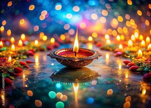 Surreal Diwali Diya Illuminated by Mystical Lighting Captured from Above, Showcasing Ethereal Colors and Enchanting Reflections in a Dreamlike Atmosphere photo