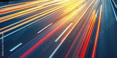 A close up view of the asphalt highway during rush hour shows blurred motion of speeding traffic on a sunny day, captured with fast exposure creating a grainy texture.