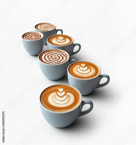 Coffee cups with latte art on a white background.