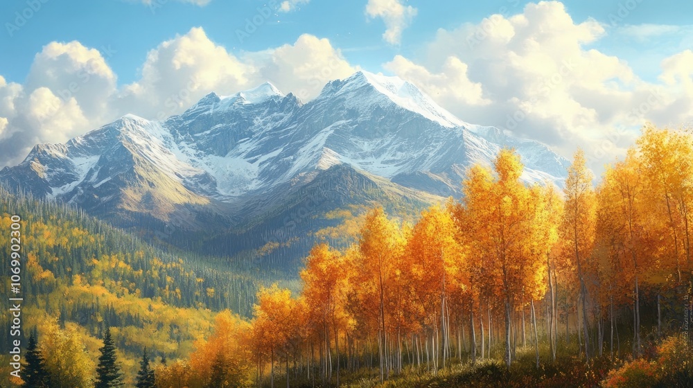 A peaceful mountain scene captures the essence of fall, where a gentle breeze sways the vibrant yellow and orange foliage. The mountain landscape offers a tranquil atmosphere and abundant copy space. A peaceful mountain scene captures the essence of fall, where a gentle breeze sways the vibrant yellow and orange foliage. The mountain landscape offers a tranquil atmosphere and abundant copy space.
