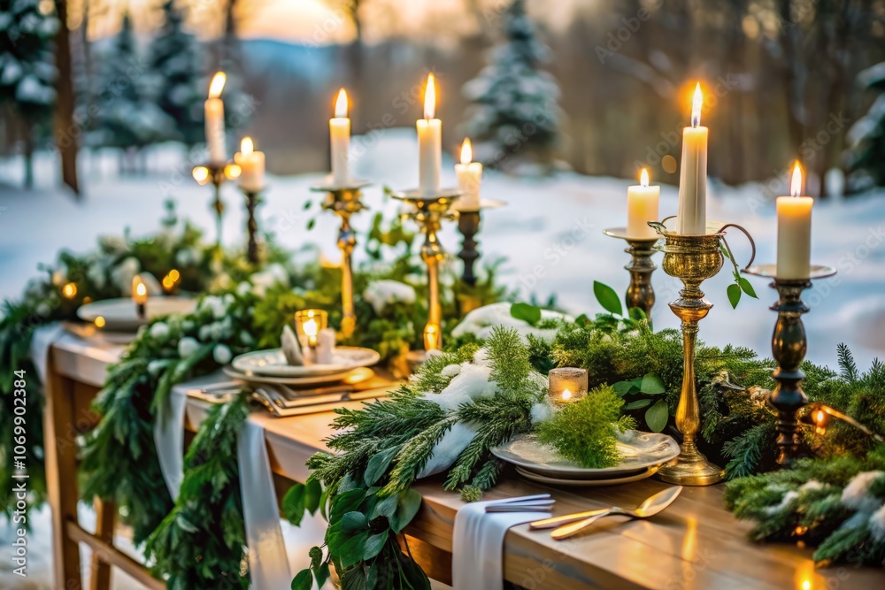 Aerial View of Elegant Winter Green Garland Adorning a Wedding Reception Head Table with Gold Place Settings and Candelabra, Capturing the Essence of Romantic Celebrations Aerial View of Elegant Winter Green Garland Adorning a Wedding Reception Head Table with Gold Place Settings and Candelabra, Capturing the Essence of Romantic Celebrations