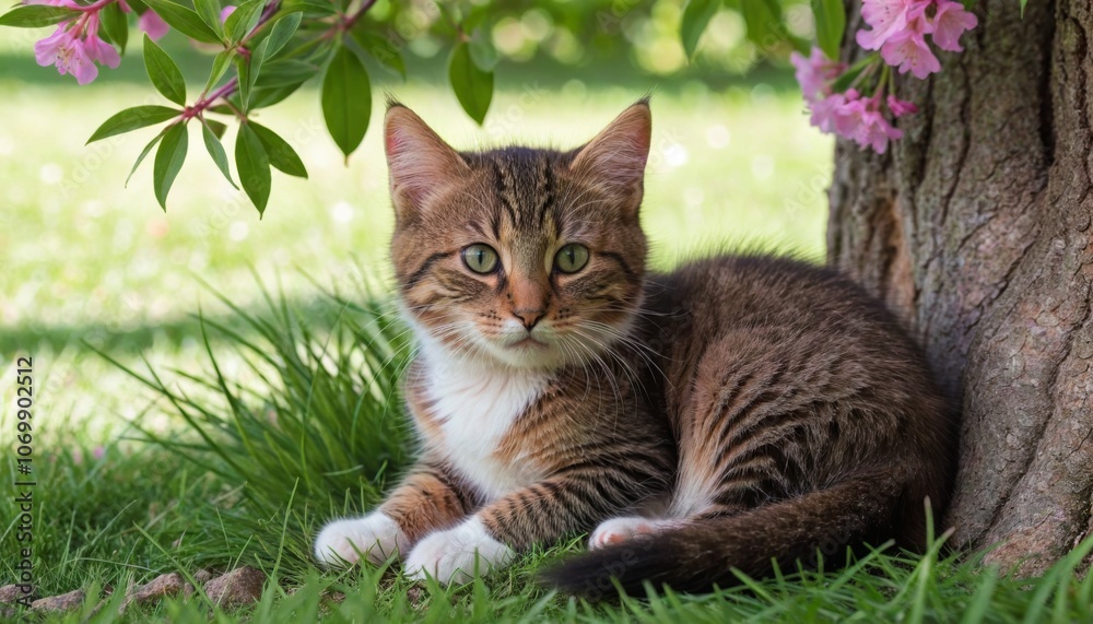 Felidae cat with whiskers sitting under tree with pink flowers. A small Felidae carnivore, the kitten is nestled under a tree with pink flowers, surrounded by grass. Its whiskers twitch as it explores Felidae cat with whiskers sitting under tree with pink flowers. A small Felidae carnivore, the kitten is nestled under a tree with pink flowers, surrounded by grass. Its whiskers twitch as it explores