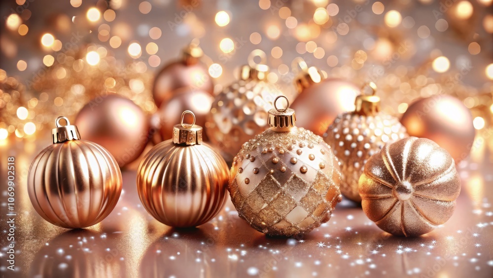 Aerial View of Sparkling Rose Gold Holiday Ornaments on a Festive Background, Perfect for Card and Poster Designs, Capturing the Essence of Joyful Celebrations and Glamorous Decor Aerial View of Sparkling Rose Gold Holiday Ornaments on a Festive Background, Perfect for Card and Poster Designs, Capturing the Essence of Joyful Celebrations and Glamorous Decor