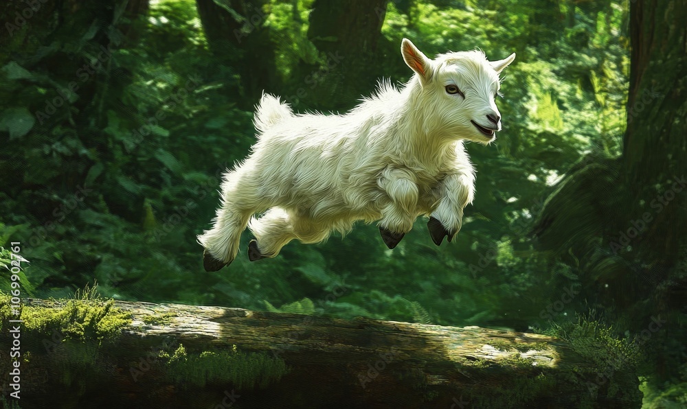 A white goat leaps over a mossy log. A white goat leaps over a mossy log.