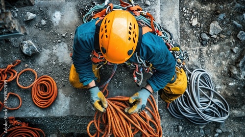 High-angle view of a climber construction worker securing equipment on a building site, showcasing essential safety practices and attention to detail.