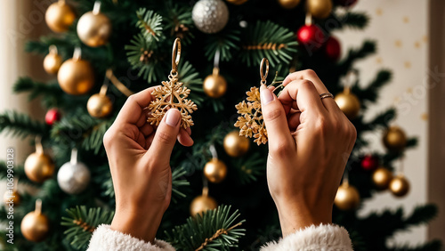 A woman holding up a pair of Christmas ornaments.