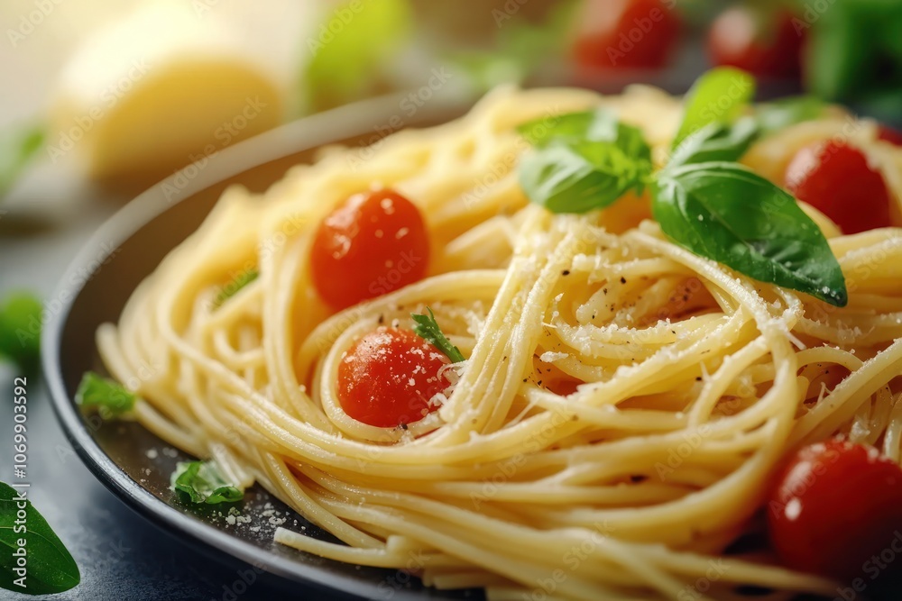 Spaghetti pasta with cherry tomatoes, fresh basil, and parmesan cheese on a plate. Spaghetti pasta with cherry tomatoes, fresh basil, and parmesan cheese on a plate.