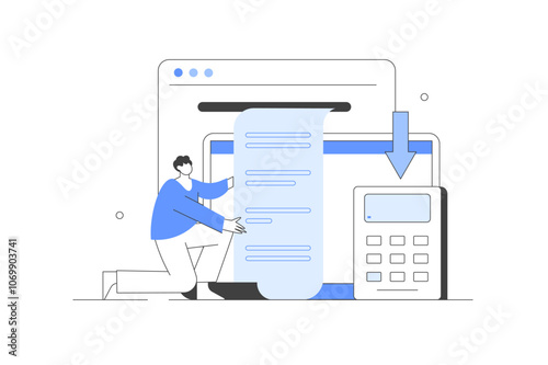 Financial management. Character paying credit, mortgage, taxes and household invoice bills. Personal finances, loans and debt concept. Vector Illustration, icon. Stylish, Minimalist line, abstract
